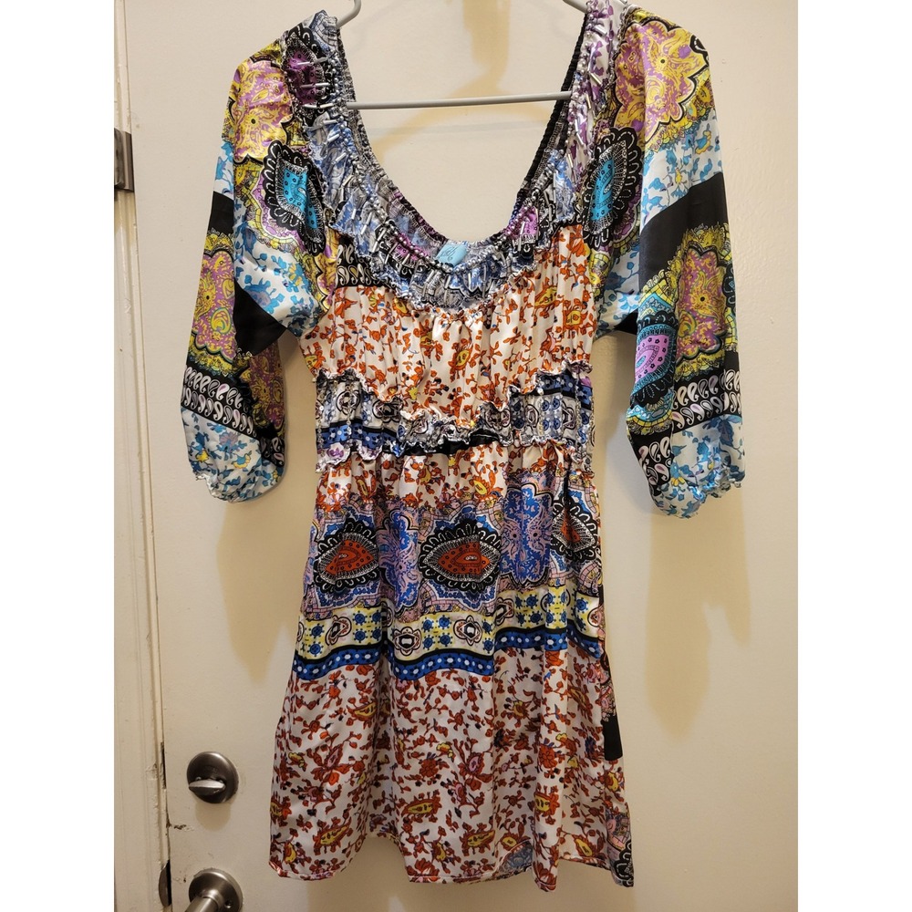 Faith Womens XS Boho Paisley Print Mini Dress Beaded Ruffle Neck Smocked Waist